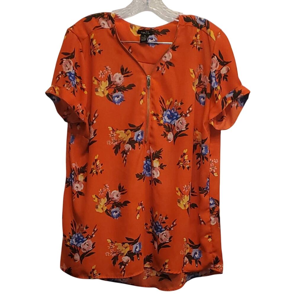 Rue 21 Women's Orange & Floral Springtime Short Sleeve 1/4 Zip Flowy Size XL
